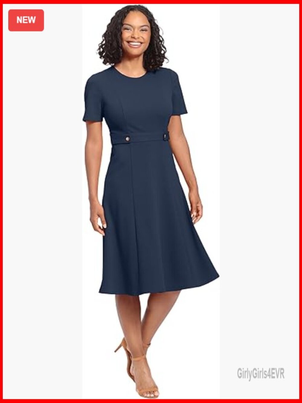 Knit Eyelet Short Sleeve Crepe Inset Waist Midi Dress with Button Detail